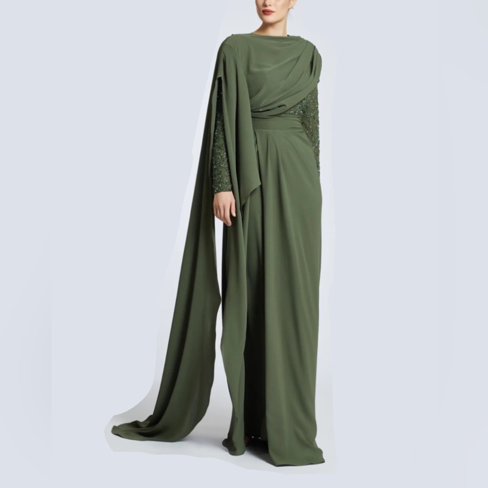 Embroidered Long Sleeve Draped Long Evening Dress